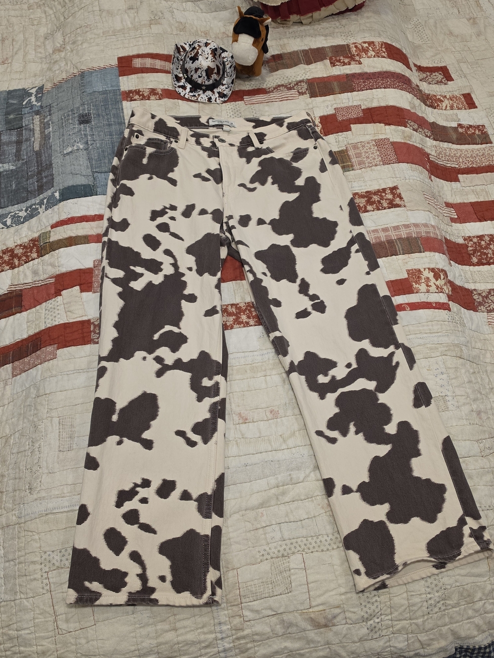 Women's Cow-Print Wide Leg Jeans - Cream and Brown